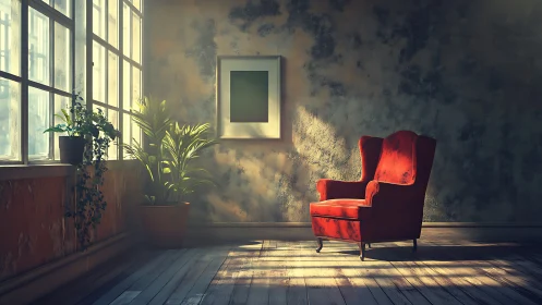 Velvet armchair basks in warm window light, textured walls.
