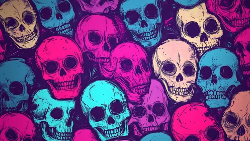 Repetitive skull pattern in saturated cyan, magenta, yellow tones.