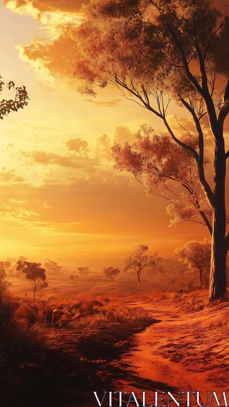 Sunlit dirt trail winds through glowing desert woodland at dusk