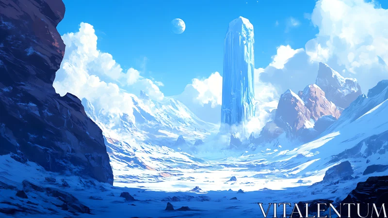 Crystal monolith rises over frozen valley beneath twin skies.