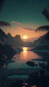Gentle tropical sunset over a quiet starlit lagoon.