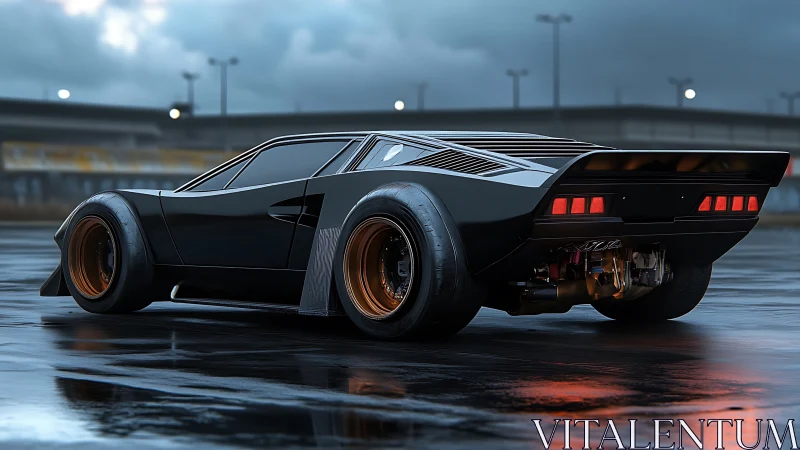 Retro widebody supercar rendered with wet-surface reflections.