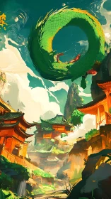 Green dragon circling above layered cliffside temples.