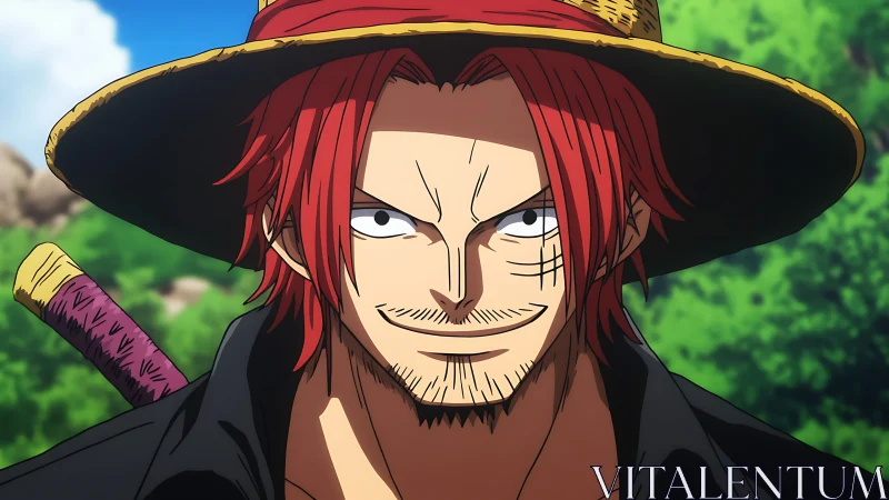 Red-haired swordsman portrait under broad-rimmed hat lighting.