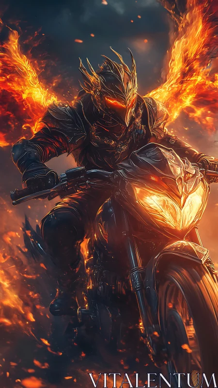 Flaming armored rider surges through firelit stormy night.