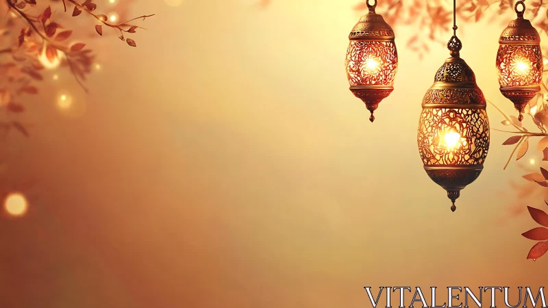 Hanging metal lanterns with foliage on warm gradient background.