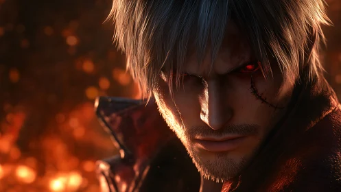 Scarred silver-haired antihero in fiery close-up portrait.