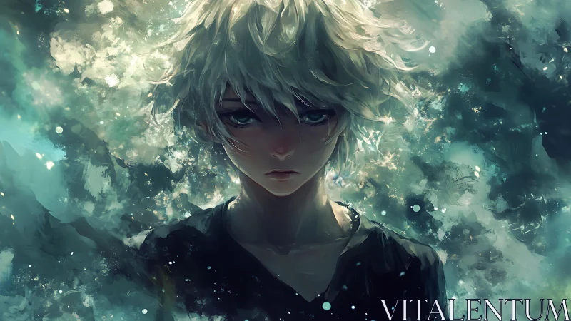 Stormlit silver haired youth stands in swirling painted light