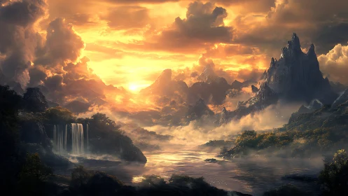 Golden sunrise pours magic over misty mountains and falls