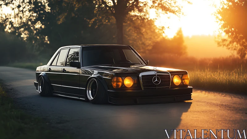 Lowered black Mercedes sedan glows under warm sunset light
