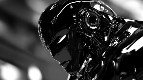 Chrome cybernetic android portrait in dramatic side profile.