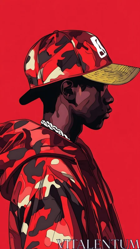 Red camo streetwear figure stands in bold profile view.