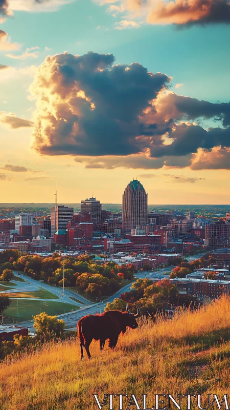 Longhorn silhouette on hillside above dense city skyline.