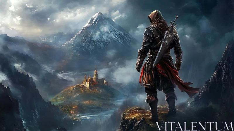 Lone hooded adventurer calmly surveys a misty mountain kingdom