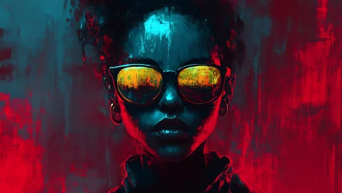 Neon-lit portrait with reflective sunglasses and cyan red glow.