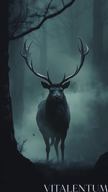 Stag with extended antlers in fog-dense conifer forest.
