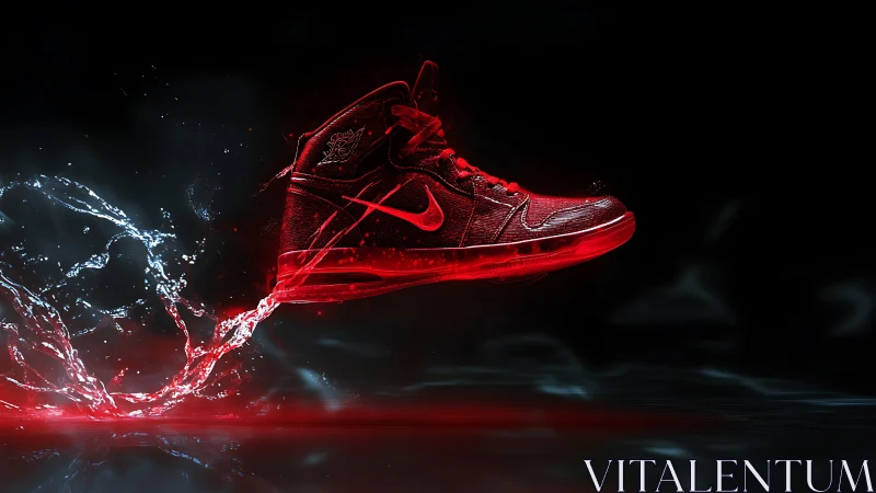 Red high top sneaker in motion with water splash trail.