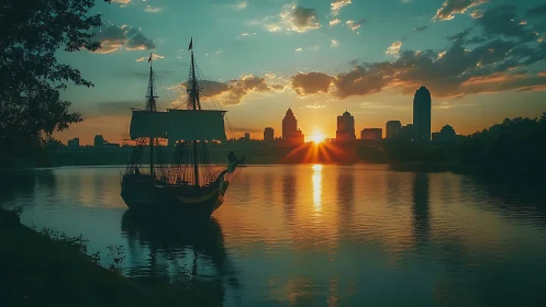 Sailing ship silhouette on river against modern city sunset.