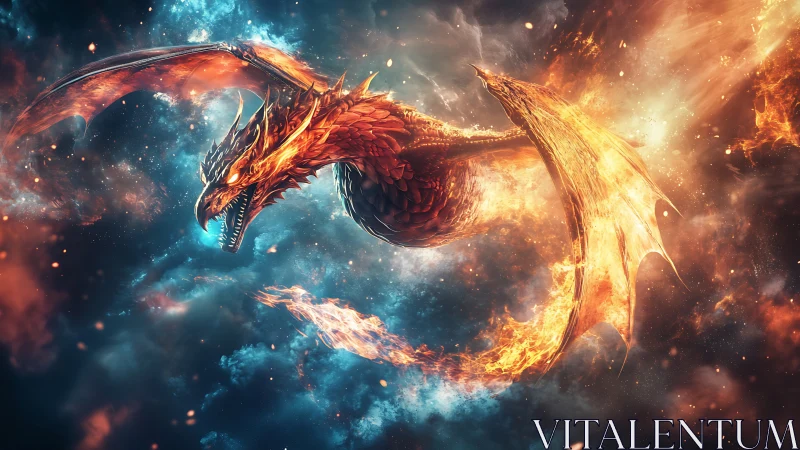 Volumetric inferno dragon traversing nebular plasma field.