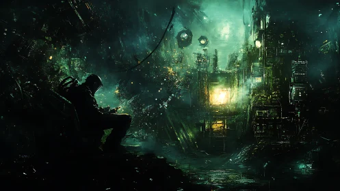 Solitary cyberpunk operator facing luminous dystopian skyline