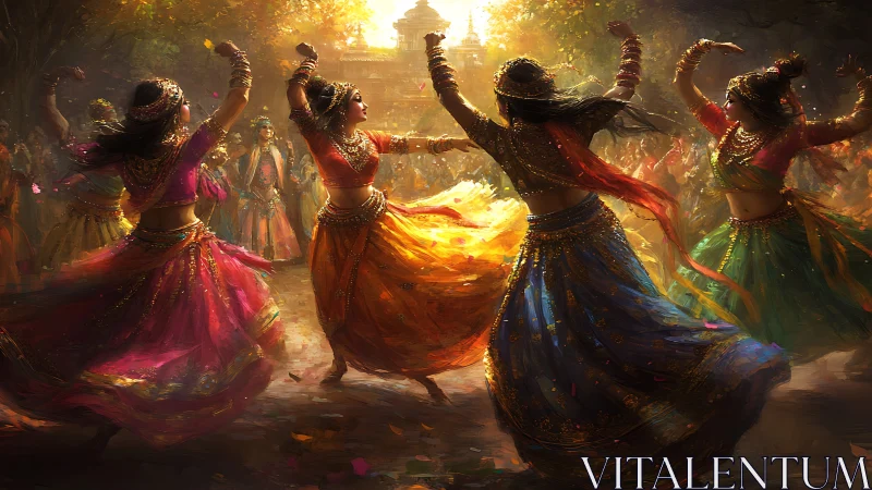 Joyful festival dancers swirling in sunlit color and rhythm.