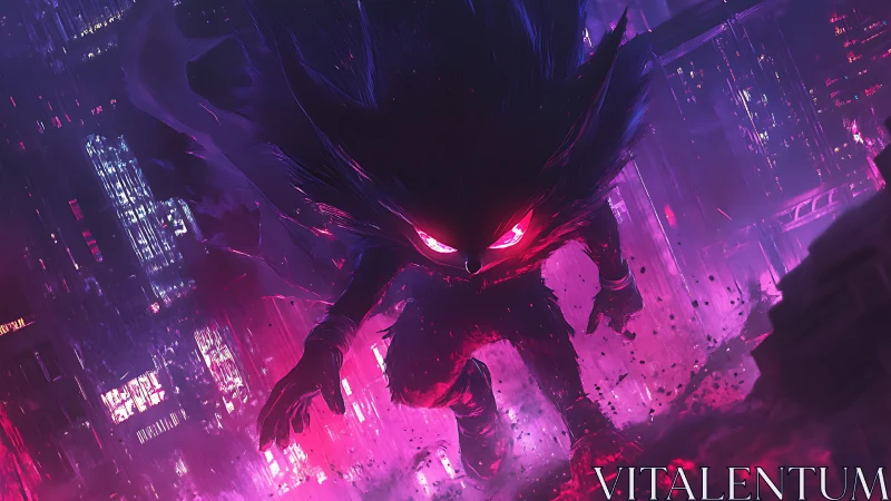 Shadowy creature with glowing eyes dominates neon city