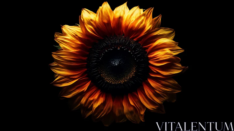 Sunflower with dark center against black background.