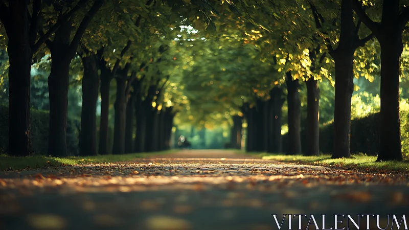 Tree lined park path with fallen autumn leaves at dusk.