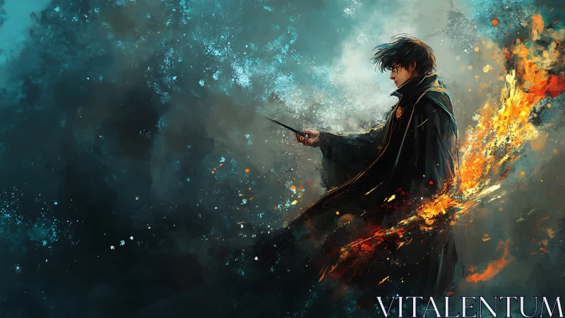 Stormlit young wizard hurls fire through swirling dusk skies.