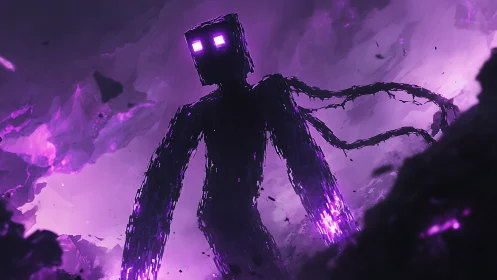 Giant pixelated purple entity stands in glowing cavern void