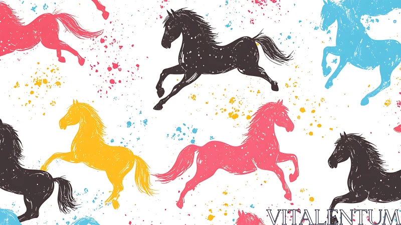 Galloping multicolor horses over splattered white backdrop.