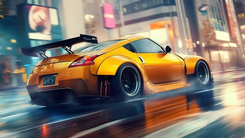 Neon city drift with widebody sports coupe, digital painting.