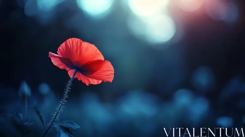 Red poppy flower isolated against blue bokeh background