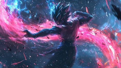 Cosmic warrior unleashing swirling neon energy power.