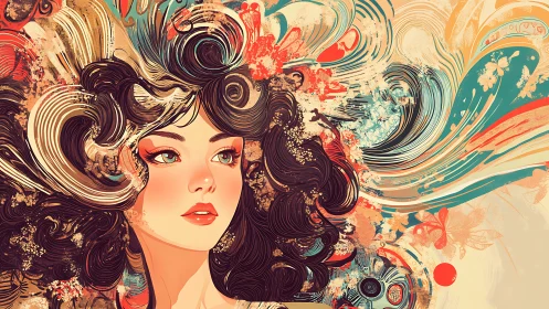 Whirling colors dance around a serene, confident portrait