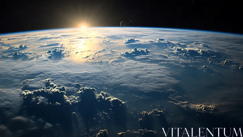 Low Earth orbit view with sun rising over cloud layer.
