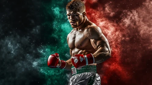 Muscular boxer posed in combat stance with red gloves.