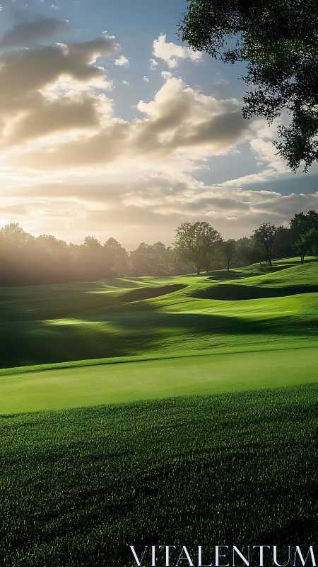 Sunlit golf fairway microtopography under dynamic cloudfield.