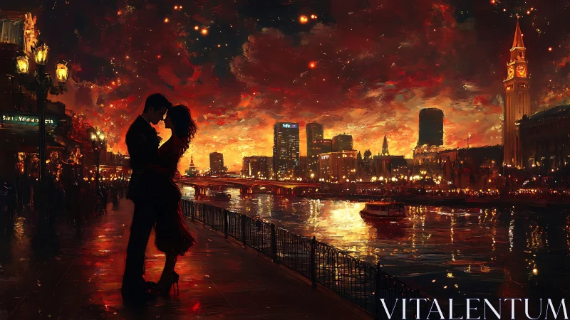 Silhouetted Romance Over Illuminated Thames Nightscape with Fiery Sky.