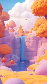 Pastel fantasy canyon waterfall under soft cotton clouds.