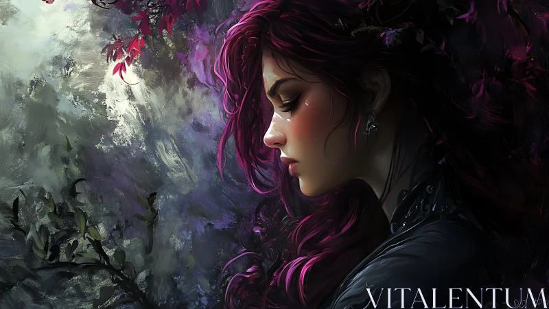 Melancholy dusk muse with magenta storm of tangled hair.