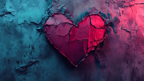 Fractured Heart Against Cracked Dual-Tone Wall.
