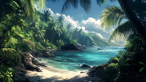 Tropical Cove Landscape with Turquoise Waters and Palm Grove.