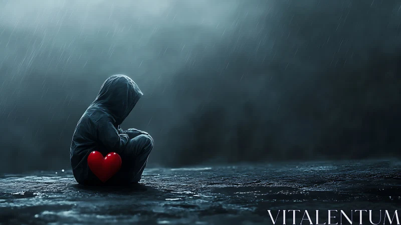 Hooded child on wet ground with red heart in rainfall.