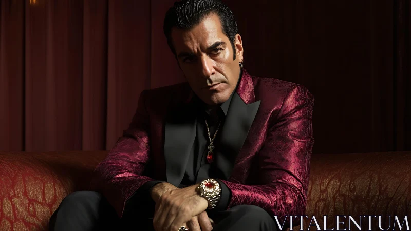 Man in red patterned suit on sofa with intense stare.