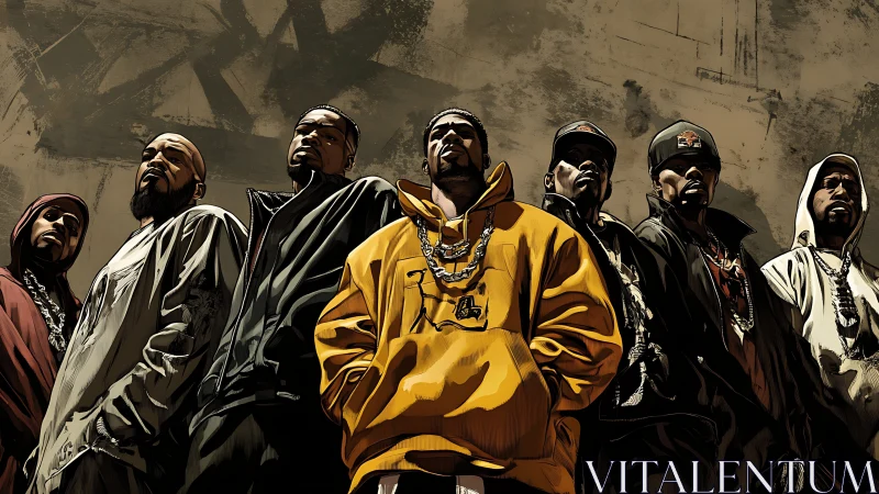 Urban hip hop crew standing strong in bold street style.