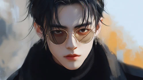 Digital portrait of dark haired person in round sunglasses.