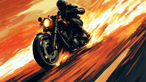 Motorcyclist rides through streaking orange light trail.