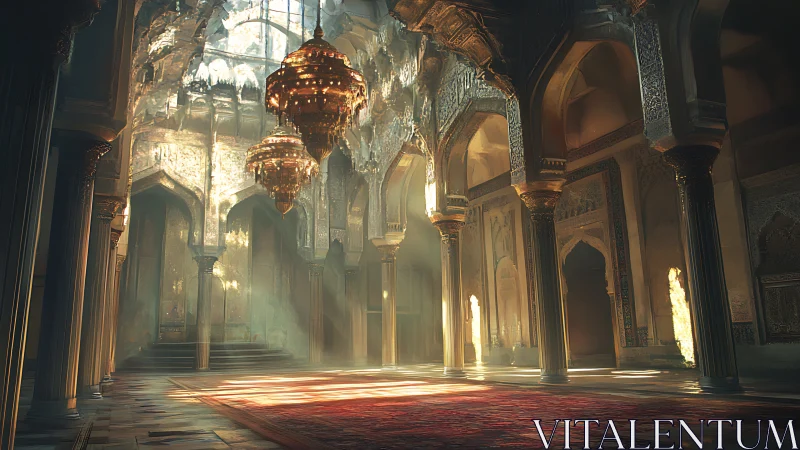Sunlit palace hall where drifting dust crowns the chandeliers.