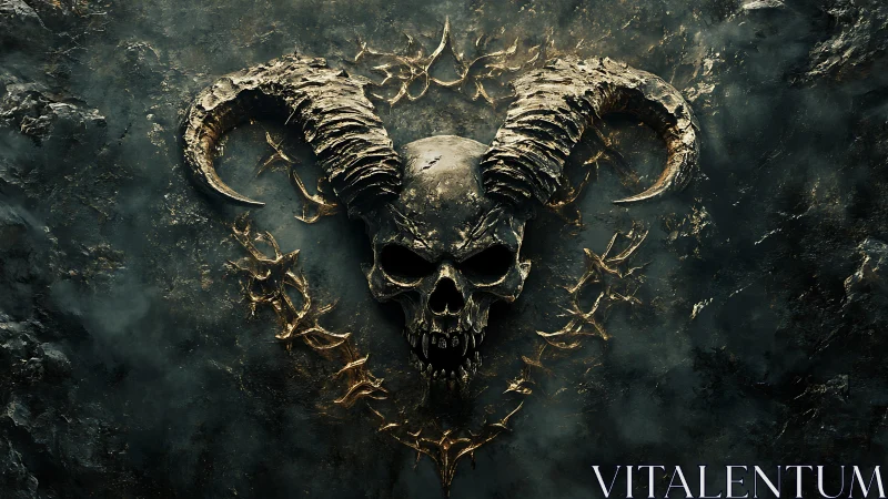 Horned demonic skull relief with corroded metallic surface detailing